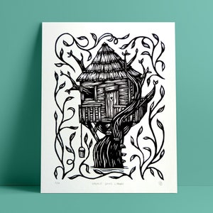 Linocut tree house plants - Black and white poster - 24 x 30 cm