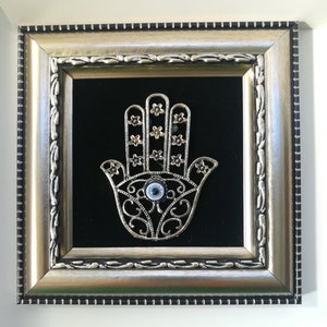 Framed wall décor - silver hamsa hand wall art - evil eye wall hanging - evil eye bead - lucky ehamsa  wall décor - evil eye home decor