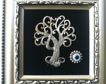Framed wall décor - silver tree of Life art - evil eye wall hanging - evil eye bead - lucky tree of Life wall décor - evil eye home decor