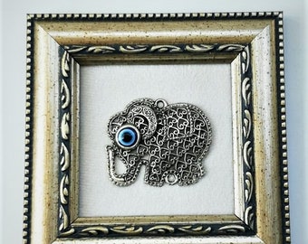 Framed wall décor - silver elephant wall art - evil eye wall hanging - evil eye bead - lucky elephant wall décor - evil eye home decor