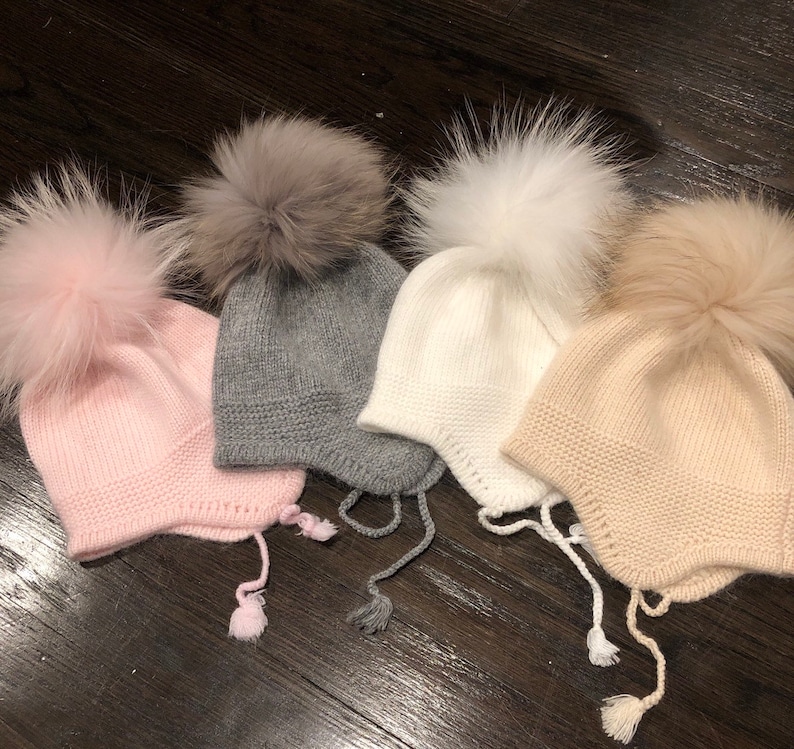 Cashmere Earflap Cashmere Baby Raccoon fur Pom Pom Hat