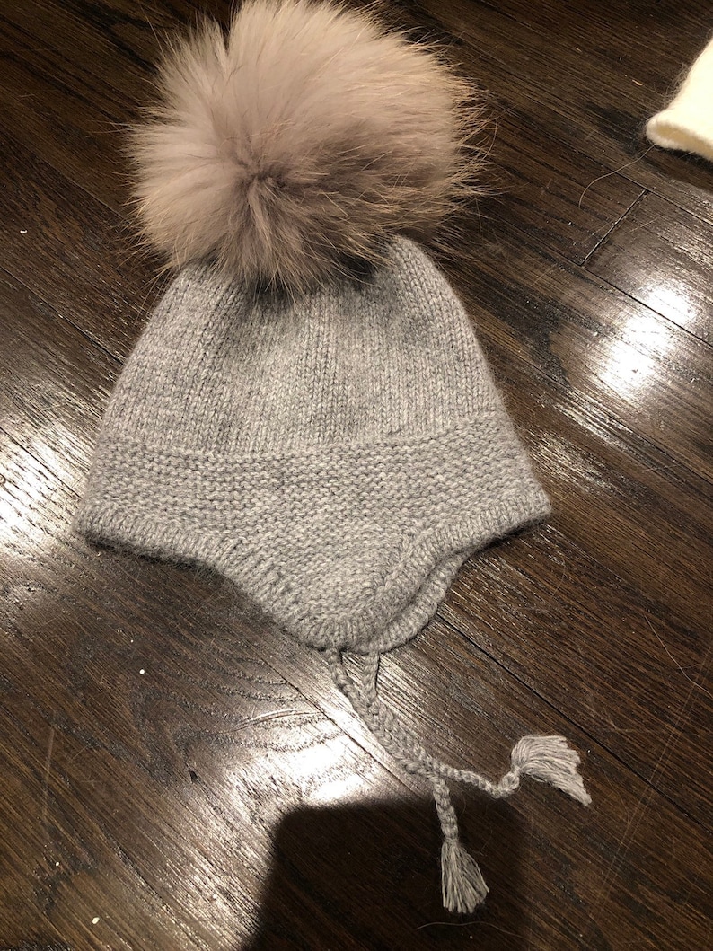 Cashmere Earflap Cashmere Baby Raccoon fur Pom Pom Hat