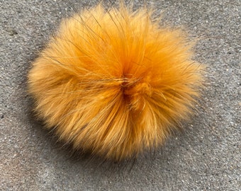 Real Raccoon Fur Pom Pom 6In. with Snap Mustard Yellow