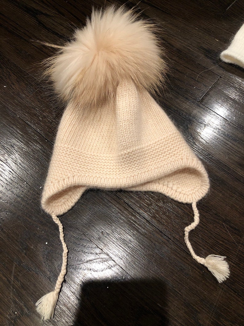 Cashmere Earflap Cashmere Baby Raccoon fur Pom Pom Hat