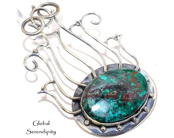 Cuprite Chrysocolla Pendant Necklace Set in Solid Sterling Silver on Your Choice of Chain, Ocean-Inspired Gemstone 3.07" -Global Serendipity