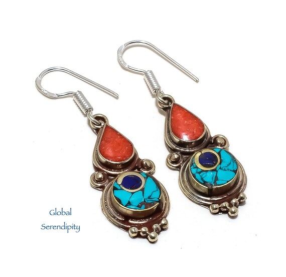 Red coral and turquoise earrings clearance