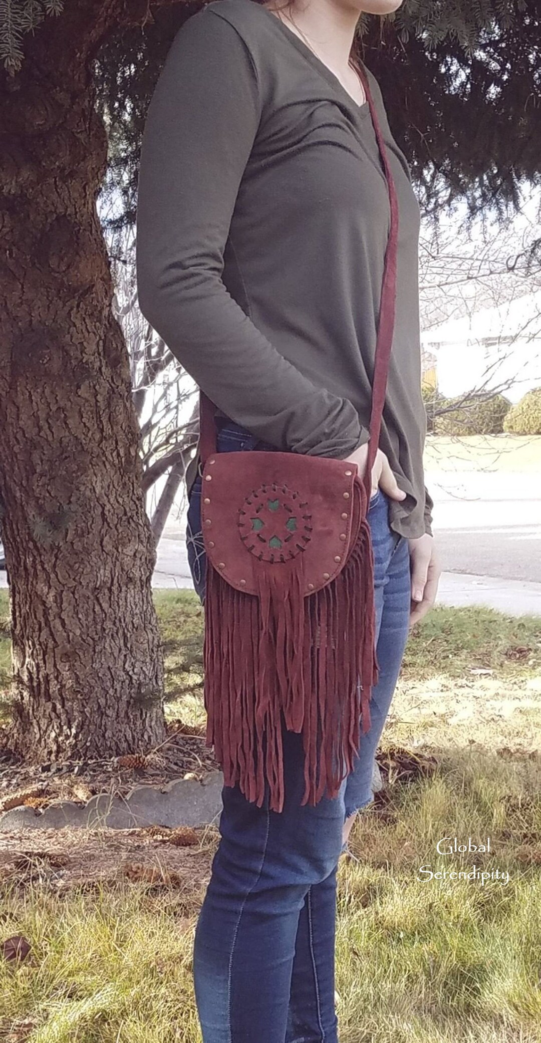 Rich Brown Suede Crossbody Bag With Long Fringe Burgundy Etsy