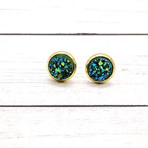 Green Druzy Stud Earrings: Handmade Resin Jewelry (8mm)