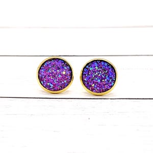 Purple Faux Druzy Stud Earrings: Handmade Resin Jewelry (12mm)