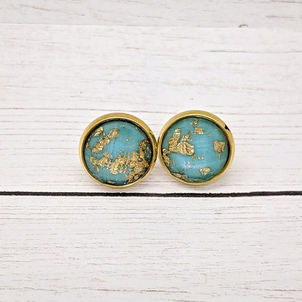 Aqua gold flake stud earrings, silver earrings, best selling items, gift for her, for women, best friend gifts, christmas gifts, statement