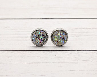 Clear Rainbow druzy stud earrings, popular right now, best selling items, gift for women, statement earrings, silver earrings, birthday gift