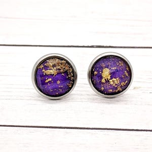 Purple Gold Flake Stud Earrings: Handmade Nickel-Free Jewelry