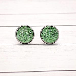 Light Green Faux Druzy Stud Earrings: Handmade Resin Jewelry (12mm)