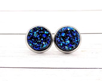 Metallic Blue Druzy Stud Earrings: Faux Resin, Handmade Jewelry