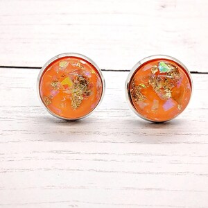 Orange Faux Opal Stud Earrings: Gold Flake Resin, Handmade 12mm
