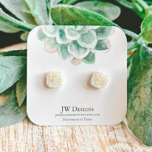 White Square Druzy Stud Earrings: Hypoallergenic Resin, Shimmering Metallic