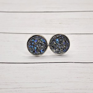 Dark Gray Faux Druzy Stud Earrings: Hypoallergenic, Lead-Free (12mm)