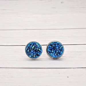 Turquoise Blue Druzy Stud Earrings: Sparkle Resin, Handmade 12mm