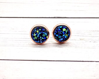Handmade Metallic Blue Green Druzy Stud Earrings: Rose Gold Finish