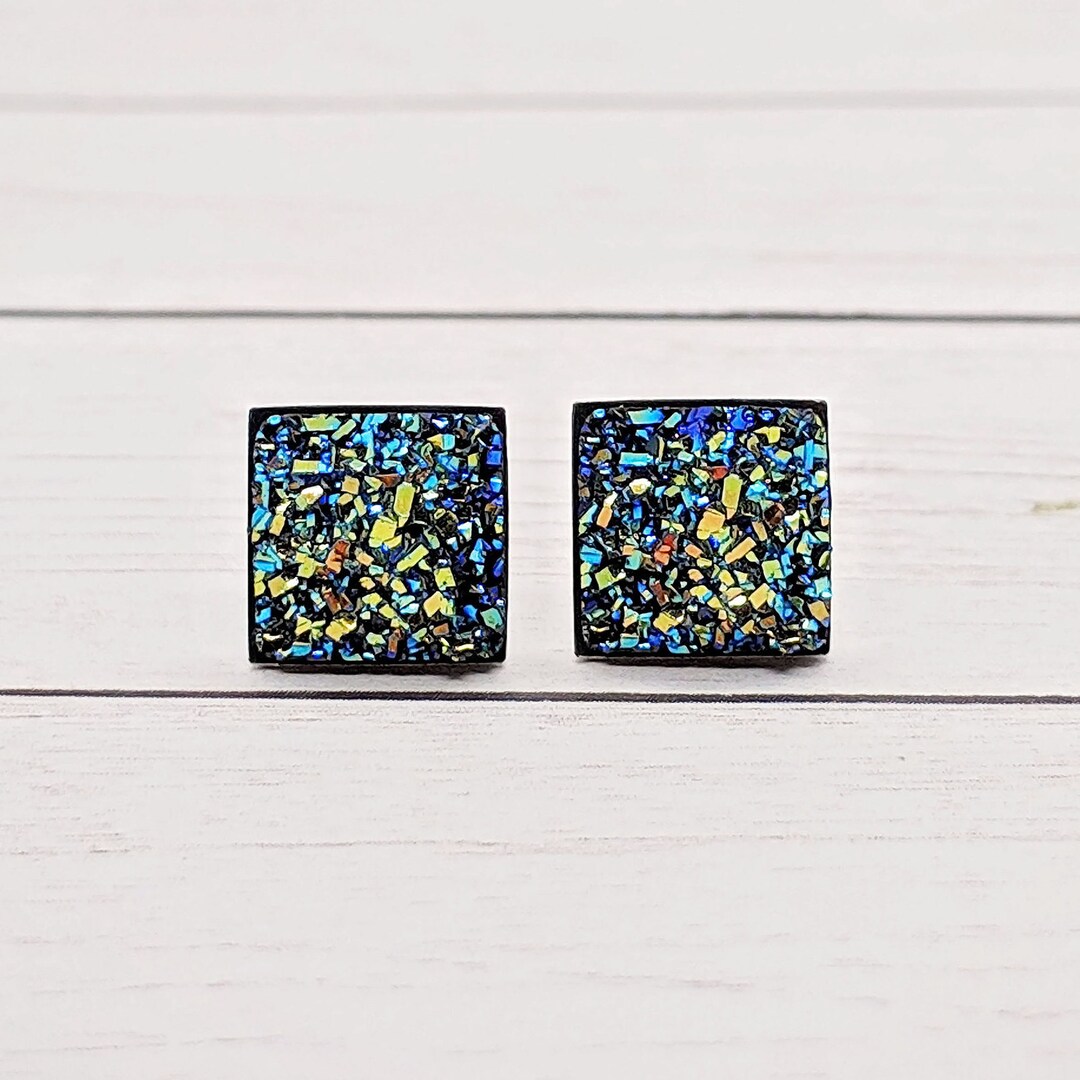 Metallic Blue/green Square Stud Druzy Earrings, Tween Girl Gifts