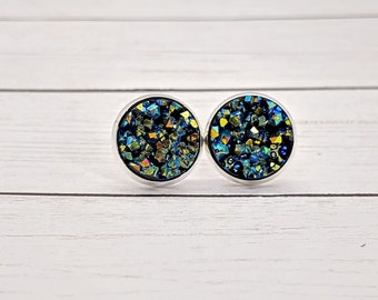 Metallic green gold blue druzy stud earrings, silver earrings, best selling items, gift for her, for women, best friend gifts, christmas gif