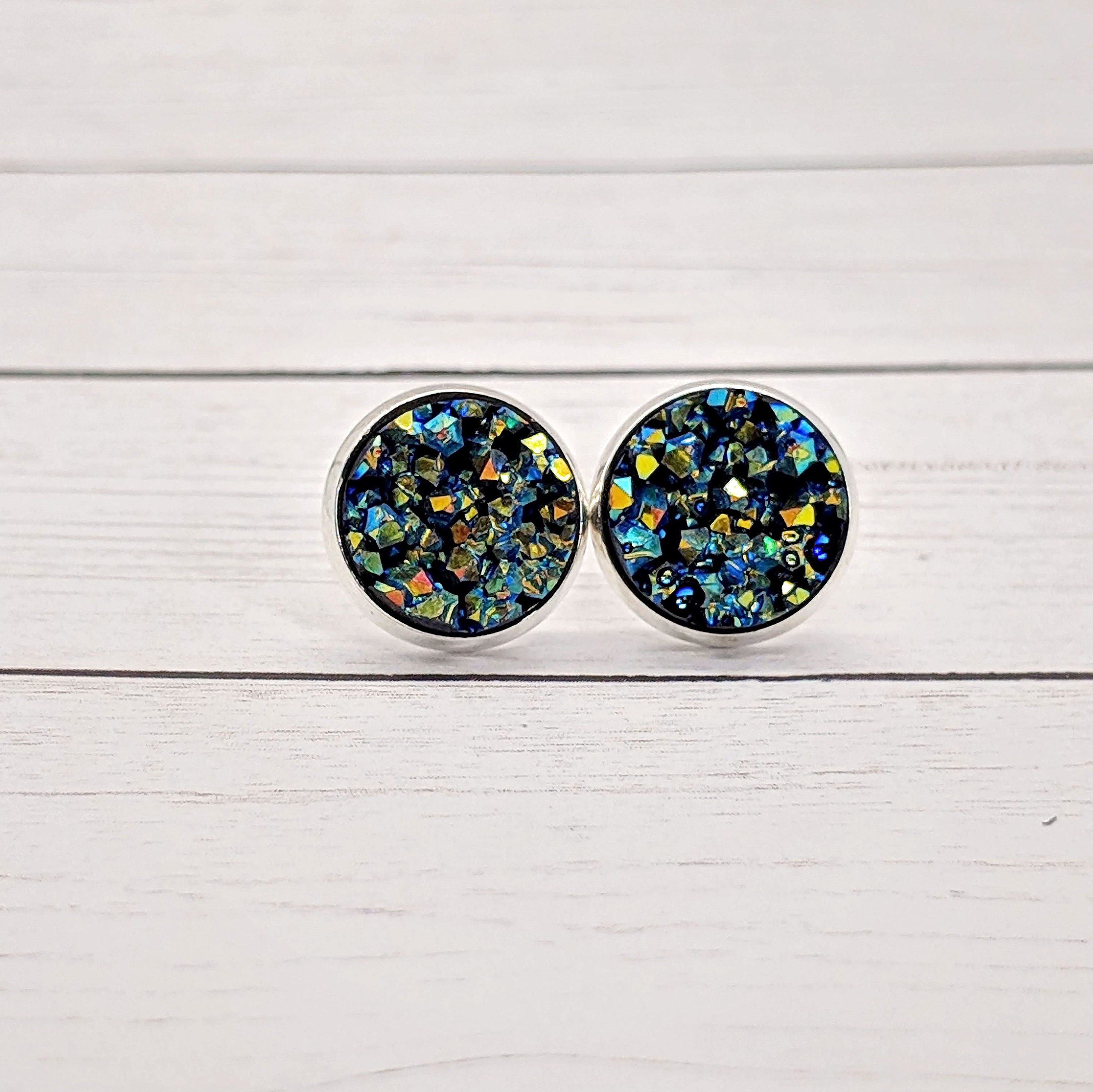 Metallic Green Gold Blue Druzy Stud Earrings Silver Earrings