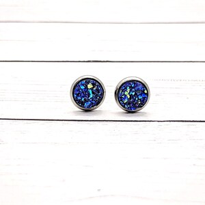 Purple Druzy Stud Earrings: Handmade Resin Jewelry (8mm)