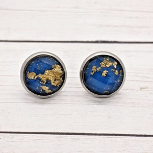 Blue Gold Flake Stud Earrings: Handmade Silver Tone Earrings
