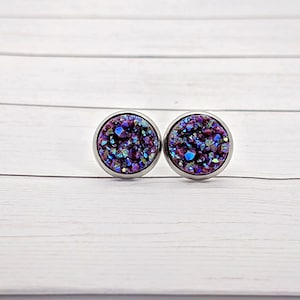 Sparkly Maroon Druzy Stud Earrings: Handmade Resin Jewelry (12mm)
