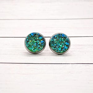 Green Druzy Stud Earrings: Handmade Resin Faux Druzy, 12mm
