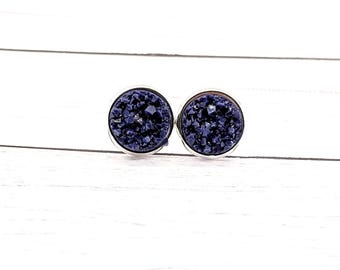 Navy Druzy Stud Earrings: Handmade Resin Jewelry (12mm)