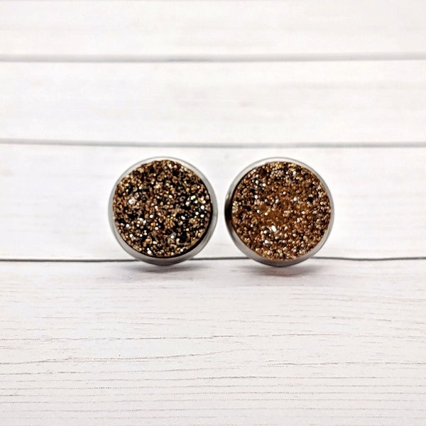 Brown Glitter Druzy Stud Earrings, Brown Stud Earrings, Brown Bridesmaid Earrings, Brown Druzy Earrings, Brown Wedding Jewelry