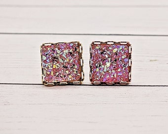 Pink square druzy stud earrings, tween girl gifts, trending jewelry, princess cut earrings, gifts for teen girls, popular right now