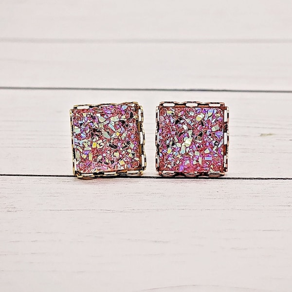 Pink square druzy stud earrings, tween girl gifts, trending jewelry, princess cut earrings, gifts for teen girls, popular right now