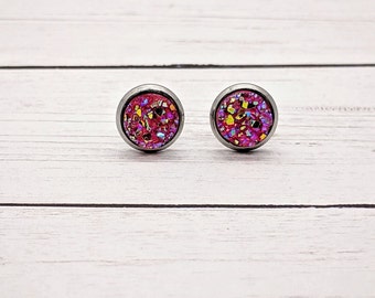 Hot Pink Druzy Stud Earrings • dainty earrings • gold studs • small stud earrings • minimalist earrings • silver stud earrings