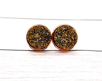 Handmade Gold Glitter Druzy Stud Earrings: Faux Resin, Nickel-Free