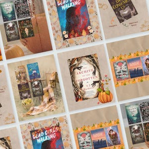 May include: A collage of book covers with autumnal themes. The covers feature titles such as "Dead GORES Walking", "All That Consumes Us", "The Archive of the Forgotten", and "Sunrise Night". The collage is decorated with pumpkins and autumn leaves.