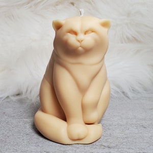 May include: A beige, hand-crafted candle shaped like a sitting cat. The candle has a realistic appearance with detailed features.