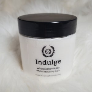 Indulge, Vanilla Bean Foaming Body Butter/Suagr Scrub. Exfoliating, natural, for sensitive skin.
