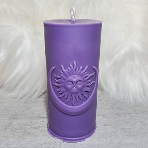 Sun and Moon Pillar Candle: custom color and scent, 100% soy wax.