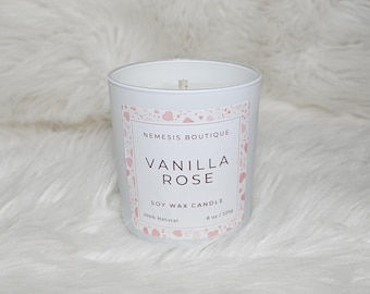 Vanilla Rose Candle: 8oz Soy Wax, Handmade Natural Candle