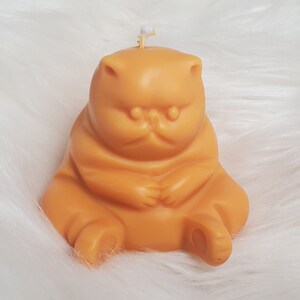 May include: A hand-crafted orange cat-shaped candle. The candle is sitting on a white fluffy surface.