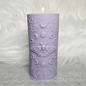 Moth Moon Phases Pillar Candle: custom color and scent, 100% soy wax.
