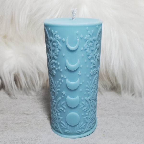 Moon Phases Pillar Candle: custom color and scent, 100% soy wax.