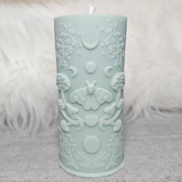 Mushrooms Moth Moon Phases Pillar Candle: custom color and scent, 100% soy wax.