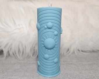 Small Solar System Pillar Candle: custom color and scent, 100% soy wax.