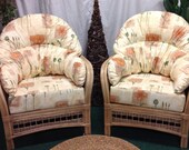 Pair of Natural Barcelona Cane Conservatory Chairs-Poppies Natural cotton cushions , comfy wrap round cushions ,deluxe thicker seat cushions