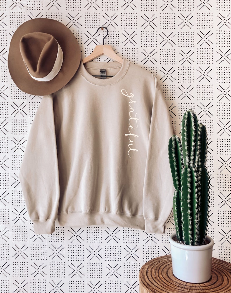 May include: A beige sweatshirt with the word "grateful" in cursive script on the side. A brown hat with a white band sits to the left of the sweatshirt. A cactus in a white pot is on the right.