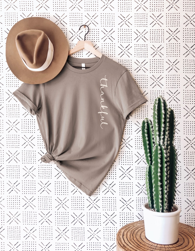 May include: A taupe t-shirt with the word "Thankful" in white script, hanging on a wooden hanger. A brown fedora hat rests on the shirt. A potted cactus sits on a wooden side table against a patterned wall.