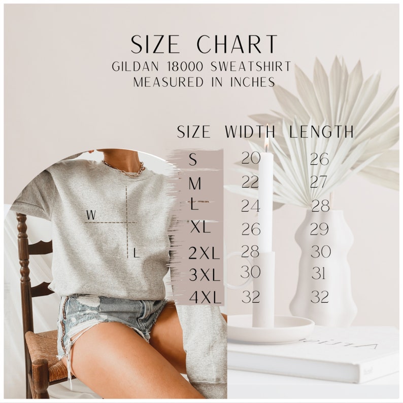May include: Size chart for a Gildan 18000 sweatshirt, measured in inches. The chart shows sizes S to 4XL, with corresponding width and length measurements. The image includes a light gray sweatshirt and decorative elements.